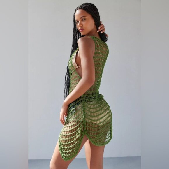 Urban Outfitters | Big Sur Sheer Crochet Flyaway Cover Up New Large Green Boho - Picture 6 of 9